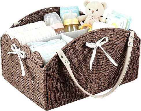 Large Baby Diaper Caddy, Paper Rope Storage Baskets Nursery Bin with Removable Divider, Portable Car Organizer for Diapers, Baby Shower Gifts, Newborn Essentials Must Haves (Light beige) in Kuwait