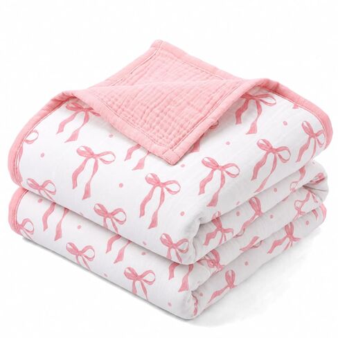 Pink Bow Baby Blanket Thickened Muslin Cotton Blanket for Girl Toddler Soft Lightweight Warm Reversible Nursery Bedding for Baby Infant Stroller and Crib 47 x 47 Inch in Kuwait