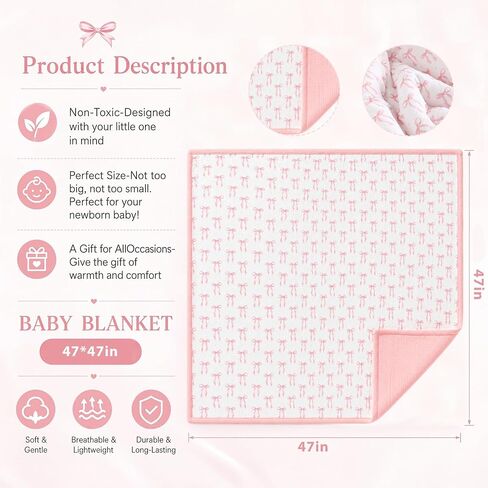 Pink Bow Baby Blanket Thickened Muslin Cotton Blanket for Girl Toddler Soft Lightweight Warm Reversible Nursery Bedding for Baby Infant Stroller and Crib 47 x 47 Inch in Kuwait