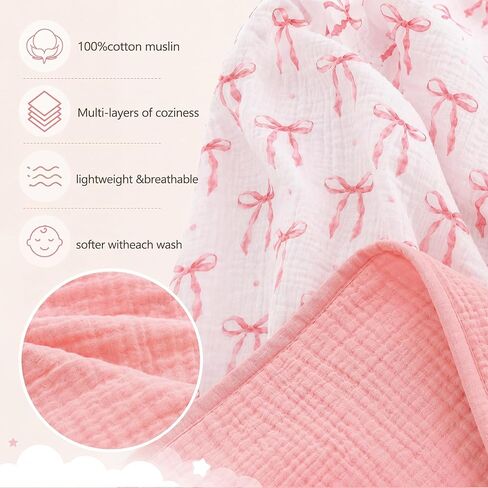 Pink Bow Baby Blanket Thickened Muslin Cotton Blanket for Girl Toddler Soft Lightweight Warm Reversible Nursery Bedding for Baby Infant Stroller and Crib 47 x 47 Inch in Kuwait