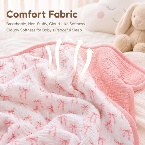 Pink Bow Baby Blanket Thickened Muslin Cotton Blanket for Girl Toddler Soft Lightweight Warm Reversible Nursery Bedding for Baby Infant Stroller and Crib 47 x 47 Inch in Kuwait