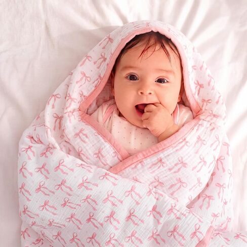 Pink Bow Baby Blanket Thickened Muslin Cotton Blanket for Girl Toddler Soft Lightweight Warm Reversible Nursery Bedding for Baby Infant Stroller and Crib 47 x 47 Inch in Kuwait