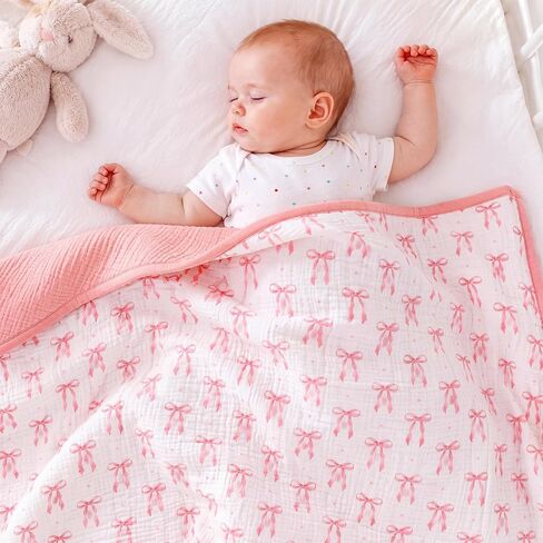 Pink Bow Baby Blanket Thickened Muslin Cotton Blanket for Girl Toddler Soft Lightweight Warm Reversible Nursery Bedding for Baby Infant Stroller and Crib 47 x 47 Inch in Kuwait