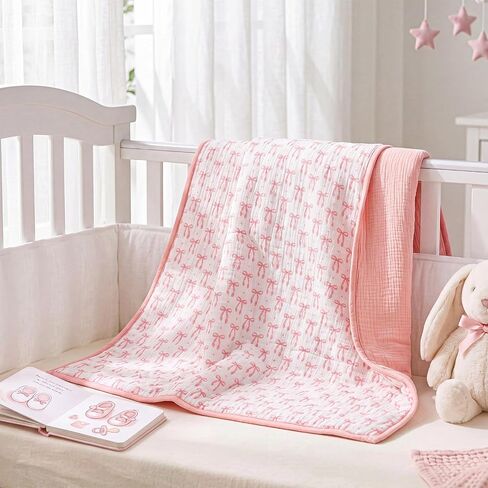 Pink Bow Baby Blanket Thickened Muslin Cotton Blanket for Girl Toddler Soft Lightweight Warm Reversible Nursery Bedding for Baby Infant Stroller and Crib 47 x 47 Inch in Kuwait