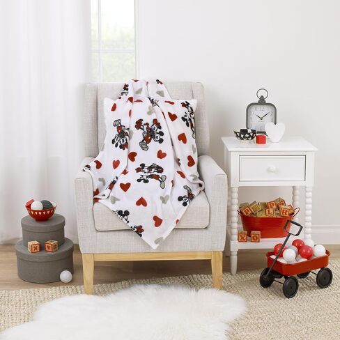 NoJo Disney Mickey Mouse & Minnie Mouse Red, Gray, and White Valentine Hearts Super Soft Plush Baby Blanket in Kuwait
