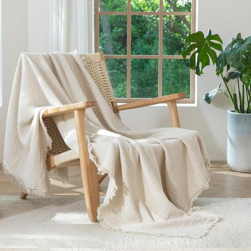 MooMee 100% Cotton Muslin Blanket Fringed 4-Layer Gauze Bed Throw, King | Soft Breathable Lightweight Thin Coverlet Summer Blankets for Adults, Bed & Couch All Seasons, Cream Grey, 104" x 90" in Kuwait