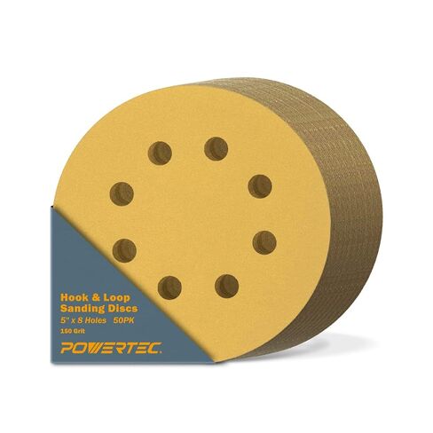 POWERTEC 5 Inch 8 Hole Sanding Discs - 80/100/120/150/220 Grits Sandpaper (10 Each, 50-Pack), Assorted 5" Hook and Loop Sanding Pads for Orbital Sander, DA Sander, Air Sander (44000XG-50) in Kuwait