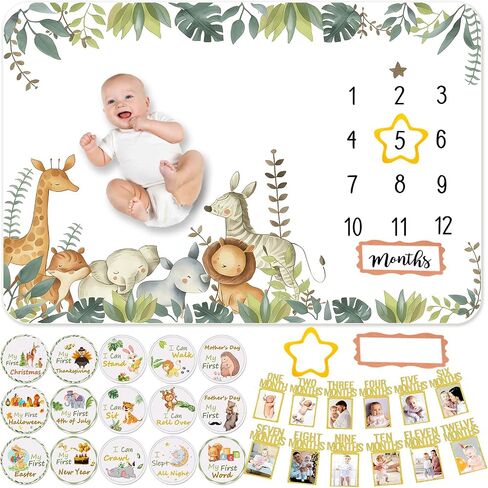 Baby Monthly Milestone Blanket 60"x40" Soft Flannel, 1-12 Months Growth Chart with Photo Banners & Milestone Cards, Newborn Photography Backdrop Baby Keepsake Photo Prop for Baby Boy in Kuwait