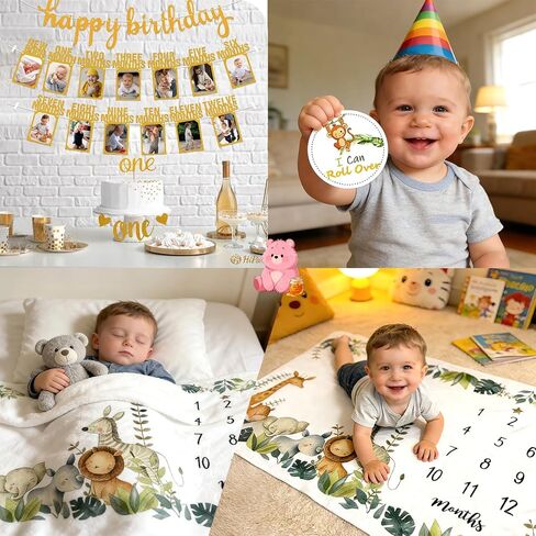 Baby Monthly Milestone Blanket 60"x40" Soft Flannel, 1-12 Months Growth Chart with Photo Banners & Milestone Cards, Newborn Photography Backdrop Baby Keepsake Photo Prop for Baby Boy in Kuwait
