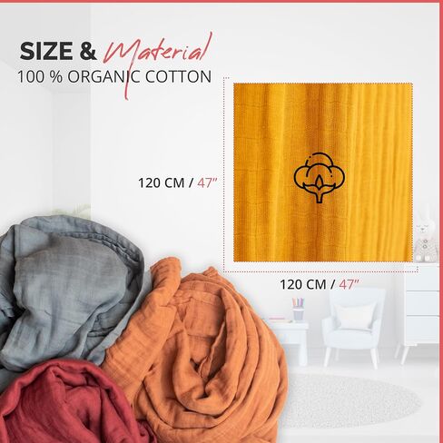 Pack of 4 Swaddle Blankets - Organic Cotton Muslin Baby Blanket for Swaddles 3-6 Months & 0-3 Months | Soft Swaddle for Newborns Babies, 47x47 cm Receiving Blankets, in Kuwait