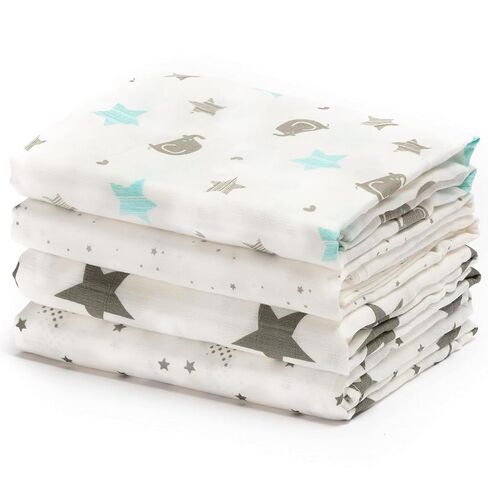 CuddleBug Muslin Baby Swaddle Blankets, Cotton 4-Pack, Starry Nights | Soft Breathable Weave for newborns 0-3 months, generous 47x47 size for stroller cover or burp cloth, an easy shower gift in Saudi Arabia