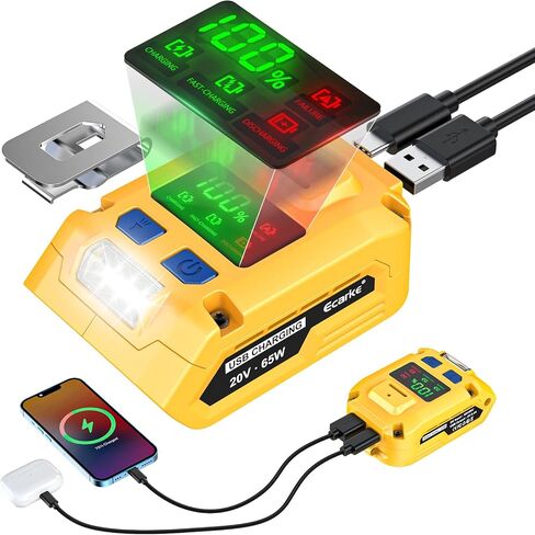 Ecarke 2-in-1 Battery Charger & Power Inverter Compatible with DeWALT 20V Battery, 65W USB-A Output & USB-B Input/Output, for Travel Emergency Use (No Battery) in Kuwait