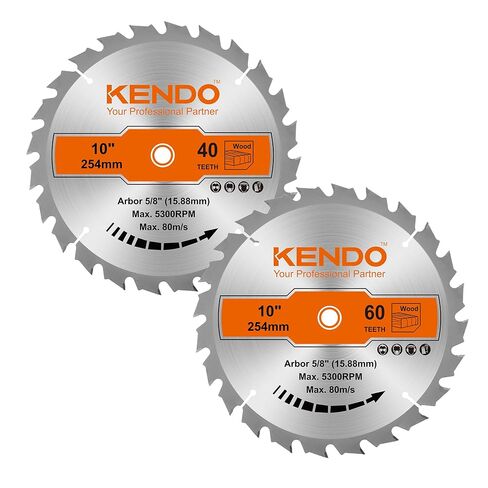 KENDO 10 Inch Circular Saw Blade Set, 2-Pack 40T 60T, 5/8 Arbor | Two 10 inch ATB blades for table and miter saws: 40T for ripping, 60T for plywood, MDF and laminate finish cuts in Saudi Arabia