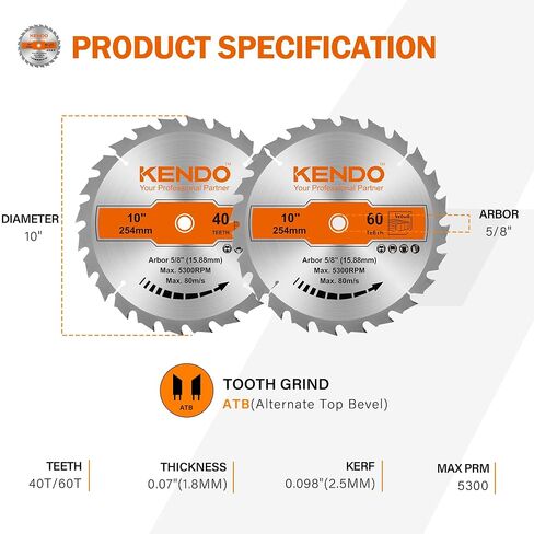 KENDO 10 Inch Circular Saw Blade Set, 2-Pack 40T 60T, 5/8 Arbor | Two 10 inch ATB blades for table and miter saws: 40T for ripping, 60T for plywood, MDF and laminate finish cuts in Saudi Arabia