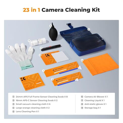 K&F Concept Professional Camera Cleaning Kit - Sensor Cleaner, APS-C & Full-Frame Swabs, Air Blower, Lens Brush, Gloves, Lens Cloths, Carry Case, Lens Cleaning Kit for FF DSLR & Mirrorless Cameras in Kuwait