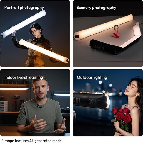 Ulanzi UA50 50W Inflatable Tube Light, Bi-Color LED, 2700K-6500K Foldable | Magnetic, 5200Lux CRI 95+, Portable+Hand Air Blower, Photography Lighting for Vlog, YouTube, TikTok Livestream Fill Light in Kuwait