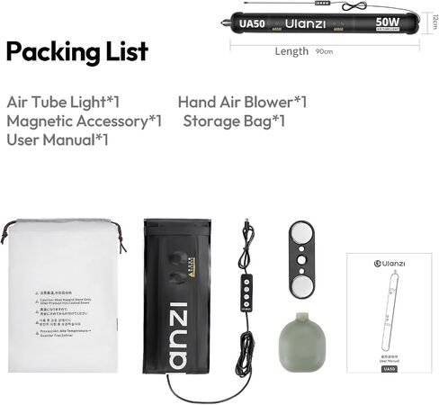 Ulanzi UA50 50W Inflatable Tube Light, Bi-Color LED, 2700K-6500K Foldable | Magnetic, 5200Lux CRI 95+, Portable+Hand Air Blower, Photography Lighting for Vlog, YouTube, TikTok Livestream Fill Light in Kuwait