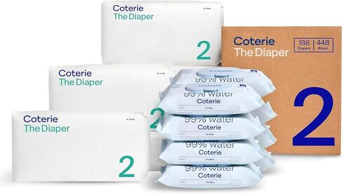 Coterie Baby Wipes + Diapers Kit, Size 2 Diapers, 8-Pack Wipes | Includes Size 2 diapers (186 ct), 8 pk (448 ct) wipes, 99% water, plant based, hypoallergenic for sensitive skin in Kuwait