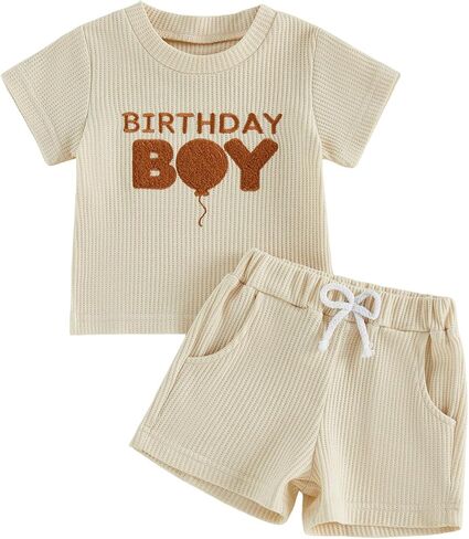 FYBITBO Toddler Baby Boy Birthday Outfit Waffle Knit Short Sleeve Shirt Shorts 1st 2nd 3rd 4th Birthday Outfits Clothes Set in Kuwait