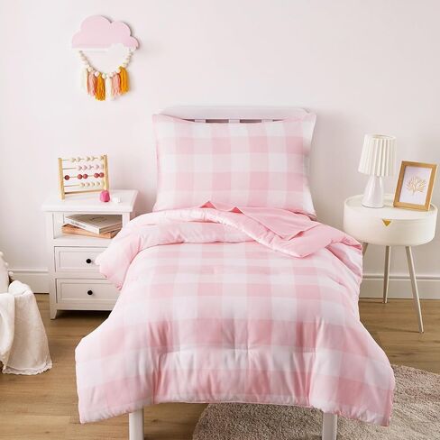 Wake In Cloud - Gingham Toddler Bedding Set for Girls Boys, Cute Plaid Buffalo Check, 4 Pieces Soft Crib Bed Set Including Comforter, Sheets and Pillowcase, Pink in Kuwait