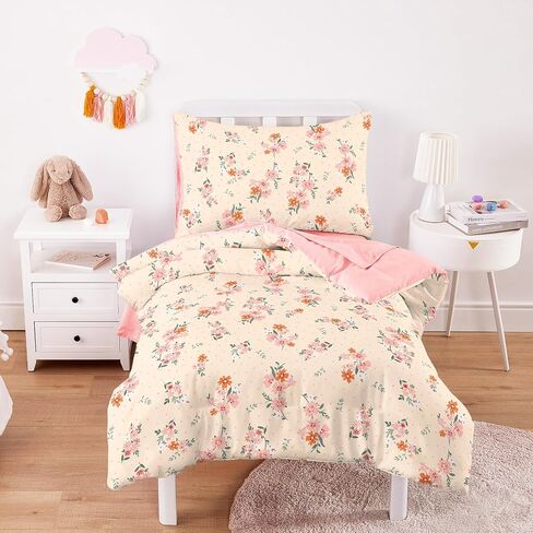 Wake In Cloud - Toddler Bedding Set for Girls, 100% Cotton Fabric, Colorful Floral Flowers Polka Dot, 4 Pieces Soft Crib Bed Set Including Comforter, Sheets and Pillowcase, Light Purple in Kuwait