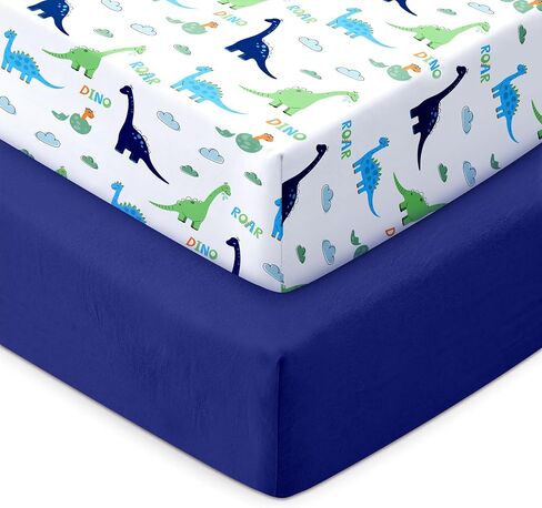Baby Crib Sheets for Girls Boys,2 Pack Fitted Crib Sheets for Standard Mattress Soft & Breathable Nursery Bedding for Girls Cute Prints Toddler Bed Sheets Decor 52x28 inch Blue Dinosaur in Kuwait