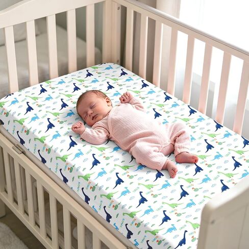 Baby Crib Sheets for Girls Boys,2 Pack Fitted Crib Sheets for Standard Mattress Soft & Breathable Nursery Bedding for Girls Cute Prints Toddler Bed Sheets Decor 52x28 inch Blue Dinosaur in Kuwait