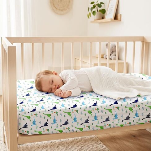 Baby Crib Sheets for Girls Boys,2 Pack Fitted Crib Sheets for Standard Mattress Soft & Breathable Nursery Bedding for Girls Cute Prints Toddler Bed Sheets Decor 52x28 inch Blue Dinosaur in Kuwait