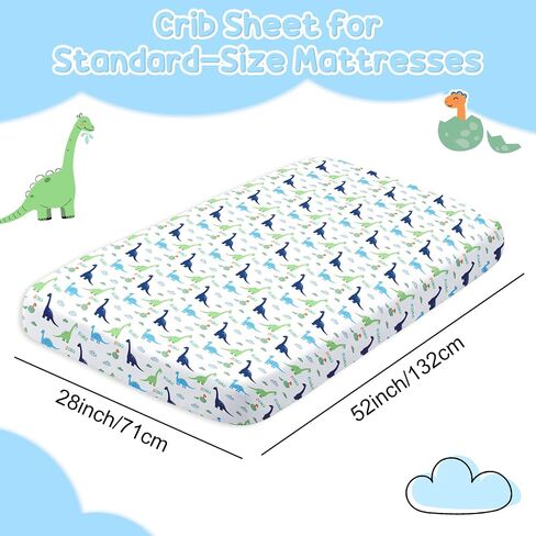 Baby Crib Sheets for Girls Boys,2 Pack Fitted Crib Sheets for Standard Mattress Soft & Breathable Nursery Bedding for Girls Cute Prints Toddler Bed Sheets Decor 52x28 inch Blue Dinosaur in Kuwait