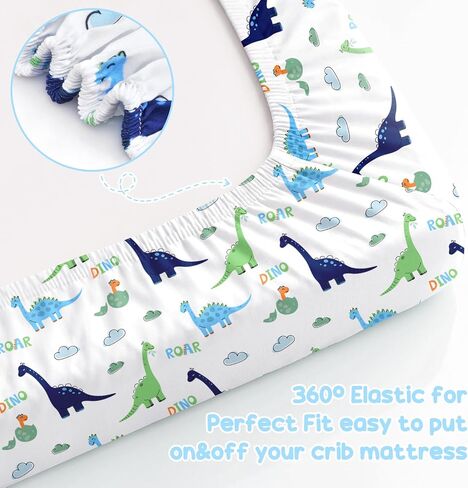 Baby Crib Sheets for Girls Boys,2 Pack Fitted Crib Sheets for Standard Mattress Soft & Breathable Nursery Bedding for Girls Cute Prints Toddler Bed Sheets Decor 52x28 inch Blue Dinosaur in Kuwait
