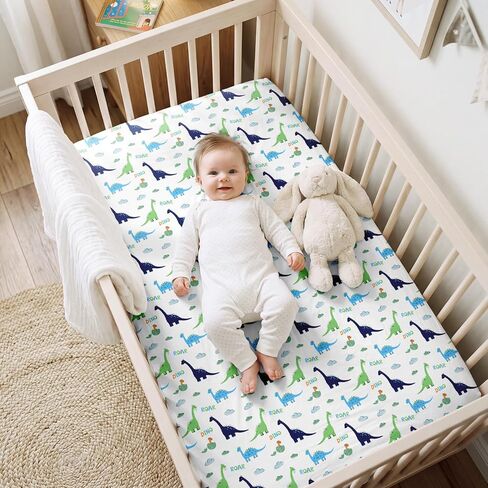 Baby Crib Sheets for Girls Boys,2 Pack Fitted Crib Sheets for Standard Mattress Soft & Breathable Nursery Bedding for Girls Cute Prints Toddler Bed Sheets Decor 52x28 inch Blue Dinosaur in Kuwait