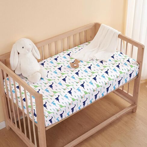 Baby Crib Sheets for Girls Boys,2 Pack Fitted Crib Sheets for Standard Mattress Soft & Breathable Nursery Bedding for Girls Cute Prints Toddler Bed Sheets Decor 52x28 inch Blue Dinosaur in Kuwait