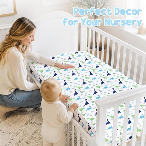 Baby Crib Sheets for Girls Boys,2 Pack Fitted Crib Sheets for Standard Mattress Soft & Breathable Nursery Bedding for Girls Cute Prints Toddler Bed Sheets Decor 52x28 inch Blue Dinosaur in Kuwait