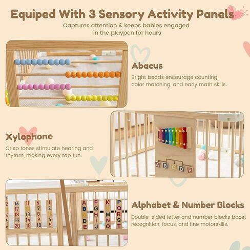GGF Wooden Playpen with 3 Learning Toys, Foldable 59x59, Babies & Toddlers | Learning toys: xylophone, abacus & blocks. NZ pine, non-toxic. Easy assembly. Foldable and portable. Double-lock. 59x59x24". in Kuwait