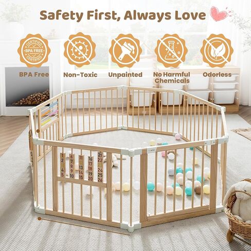 GGF Wooden Playpen with 3 Learning Toys, Foldable 59x59, Babies & Toddlers | Learning toys: xylophone, abacus & blocks. NZ pine, non-toxic. Easy assembly. Foldable and portable. Double-lock. 59x59x24". in Kuwait