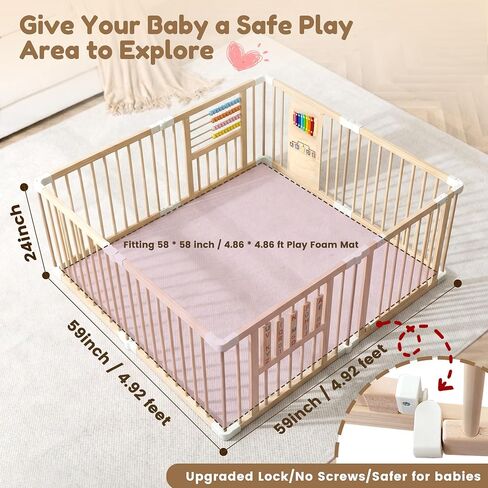GGF Wooden Playpen with 3 Learning Toys, Foldable 59x59, Babies & Toddlers | Learning toys: xylophone, abacus & blocks. NZ pine, non-toxic. Easy assembly. Foldable and portable. Double-lock. 59x59x24". in Kuwait
