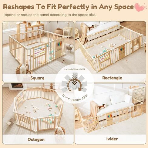 GGF Wooden Playpen with 3 Learning Toys, Foldable 59x59, Babies & Toddlers | Learning toys: xylophone, abacus & blocks. NZ pine, non-toxic. Easy assembly. Foldable and portable. Double-lock. 59x59x24". in Kuwait