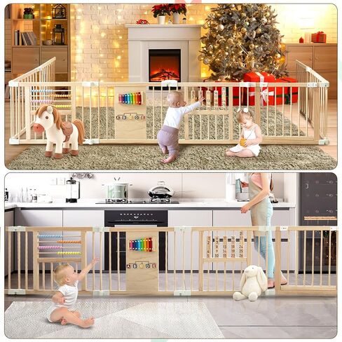 GGF Wooden Playpen with 3 Learning Toys, Foldable 59x59, Babies & Toddlers | Learning toys: xylophone, abacus & blocks. NZ pine, non-toxic. Easy assembly. Foldable and portable. Double-lock. 59x59x24". in Kuwait