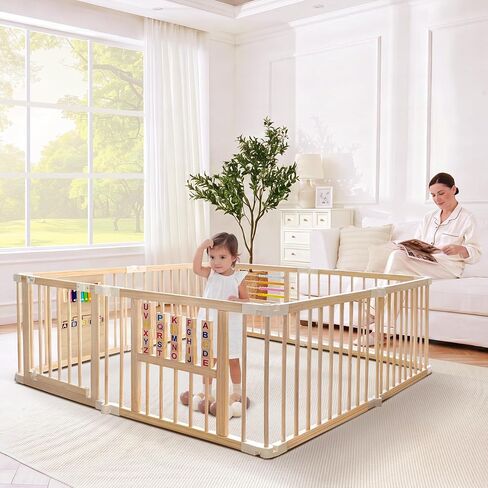 GGF Wooden Playpen with 3 Learning Toys, Foldable 59x59, Babies & Toddlers | Learning toys: xylophone, abacus & blocks. NZ pine, non-toxic. Easy assembly. Foldable and portable. Double-lock. 59x59x24". in Kuwait