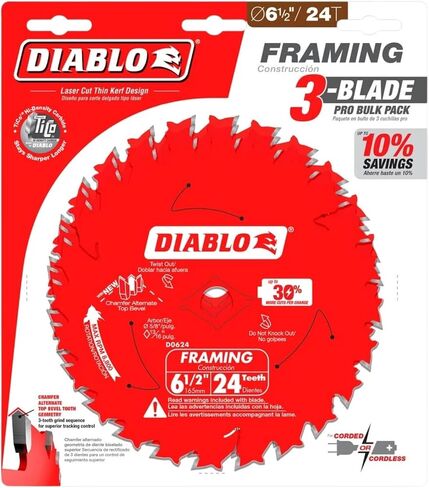 Diablo Framing Saw Blade for Wood - TiCo Hi - Density Carbide, Non-Stick Perma-Shield Coating, 6-1/2" Diameter, 24 Teeth, .059" Kerf, 3-Pack - D0624X in Kuwait