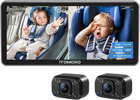 Itomoro Baby Car Camera Dual-Channel 6.8 inch HD 1080P Display with 2 IR Night Vision, Baby Car Mirror Easily Install Car Camera for Baby with Crystal Clear Wide View for Rear Facing Seat in Kuwait