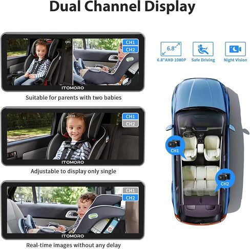 Itomoro Baby Car Camera Dual-Channel 6.8 inch HD 1080P Display with 2 IR Night Vision, Baby Car Mirror Easily Install Car Camera for Baby with Crystal Clear Wide View for Rear Facing Seat in Kuwait
