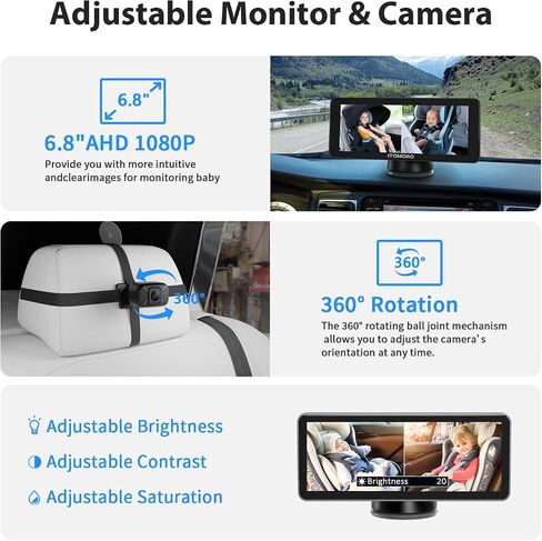 Itomoro Baby Car Camera Dual-Channel 6.8 inch HD 1080P Display with 2 IR Night Vision, Baby Car Mirror Easily Install Car Camera for Baby with Crystal Clear Wide View for Rear Facing Seat in Kuwait