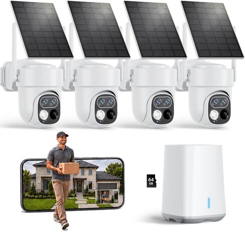 Security Cameras Wireless Outdoor, No Subscription 4-Cam System with Hub | Solar Powered, 360° Auto Tracking Wifi Camera, 2K Dual Lens, Full Color Night Vision, 2 Way Audio, 64GB SD Card, Easy Setup in Saudi Arabia