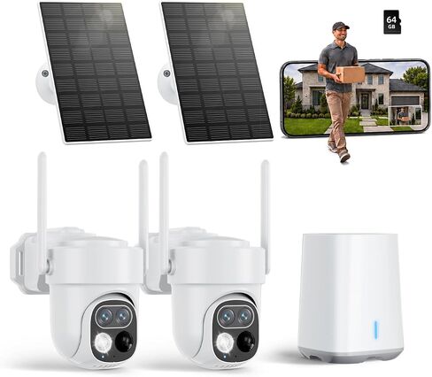Security Cameras Wireless Outdoor, No Subscription 4-Cam System with Hub | Solar Powered, 360° Auto Tracking Wifi Camera, 2K Dual Lens, Full Color Night Vision, 2 Way Audio, 64GB SD Card, Easy Setup in Kuwait