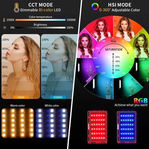 Travor RGB Video Light, 360° Full Color 15 Lighting Scenes Effects CRI 96+ Dimmable 2500-10000K Built-in Rechargeable Battery LED Camera Video Panel Light for Studio YouTube Portrait Photography in Kuwait