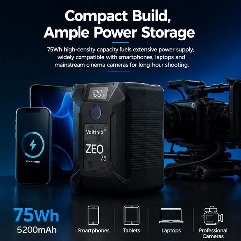 V Mount Battery,75Wh 5200mAh 14.4V V Lock Battery,60W PD USB‑C,D‑Tap,USB‑A,11A High Discharge,LCD Display,for Camera Camcorder Monitor Video Light Filmmaker ZEO75 in Kuwait