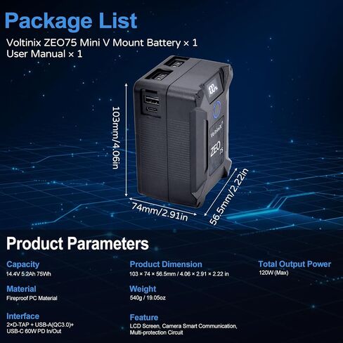 V Mount Battery,75Wh 5200mAh 14.4V V Lock Battery,60W PD USB‑C,D‑Tap,USB‑A,11A High Discharge,LCD Display,for Camera Camcorder Monitor Video Light Filmmaker ZEO75 in Kuwait