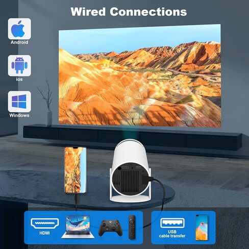 Mini Portable Projector, Support 4K 1080P with Dual-Band WIFI6 5G Wireless 5.0 Bluetooth Android 11,160 ANSI,180° Rotatable, Auto Keystone Correction, 35"-130" Screen Video Projector in Kuwait