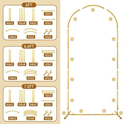 Gold Arch Backdrop Stand Set of 3, 7.2FT 6.6FT 6FT Balloon Arch Stand | Gold Balloon Arch, Easy Assembly, Indoor And Outdoor Use For Wedding, Ceremony, Photos With Flower And Balloon Decor in Kuwait